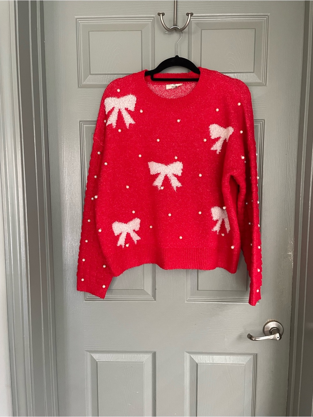 entro Red Bow Pearl-Accent Crewneck Sweater Christmas Holiday